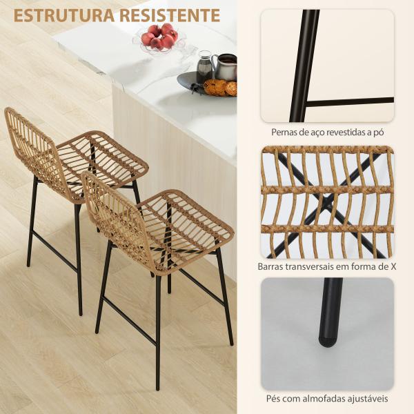 Conjunto de 2 Bancos Altos de Cozinha Bancos de Bar com Encosto e Assento em Vime Sintético 43x56x101 cm Marrom Claro