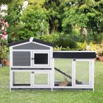 Coelheira de Madeira Exterior Gaiola para Coelhos de 2 Níveis com Teto Asfáltico 2 Cercados de Metal Bandeja Removível 3 Portas e Rampa 157,4x53x93,5 cm Cinza