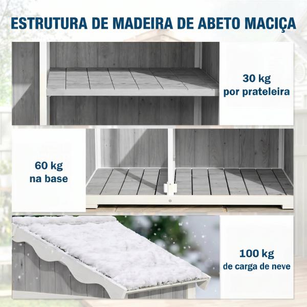 Armário de Jardim de Madeira 105x55x179 cm Abrigo de Exterior com Portas 4 Prateleiras Extraíveis Teto Metal Galvanizado Cinza