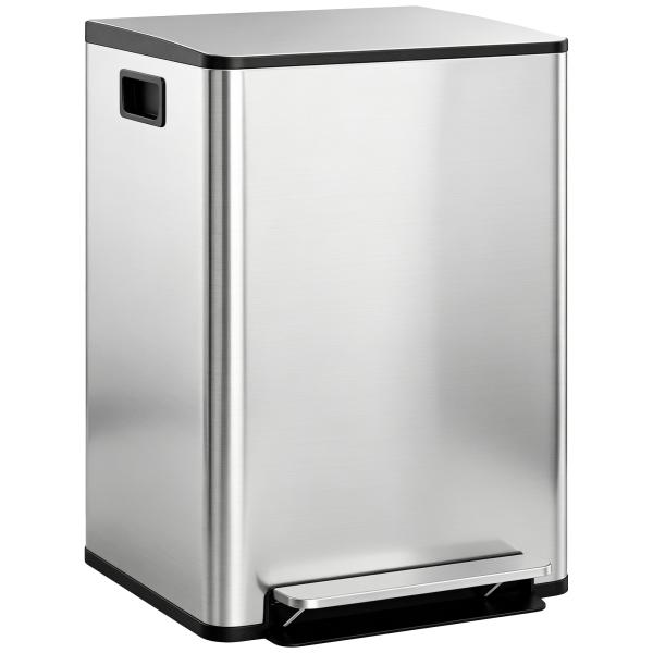 Balde de Lixo de Cozinha com 2 Compartimentos 2x30L Pedal Fechamento Suave e Cubo Amovível Prata