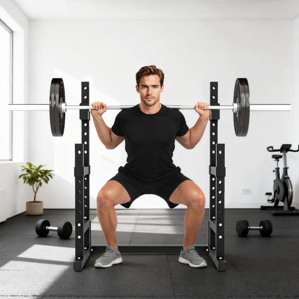 Suporte Ajustável para Barras de Pesas com Segurança Reforçada Carga até 300 kg Altura Regulável 48 - 135/45 - 85 cm Preto