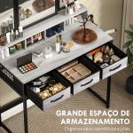 Toucador de Maquilhagem com Espelho Tríptico Removível, Banco Prateleiras e Suporte para Secador 90x40x141 cm Cinzento