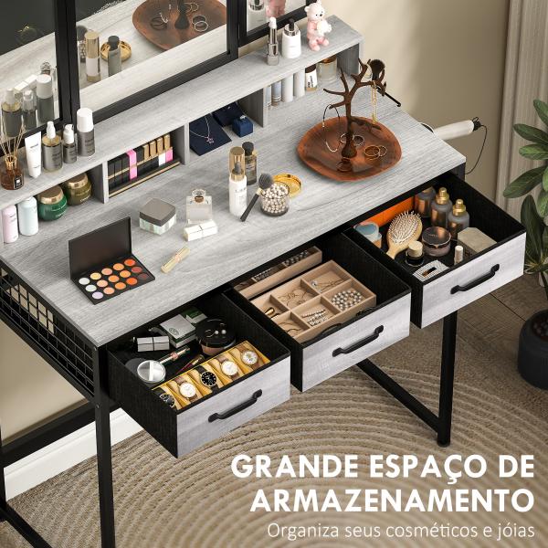 Toucador de Maquilhagem com Espelho Tríptico Removível, Banco Prateleiras e Suporte para Secador 90x40x141 cm Cinzento