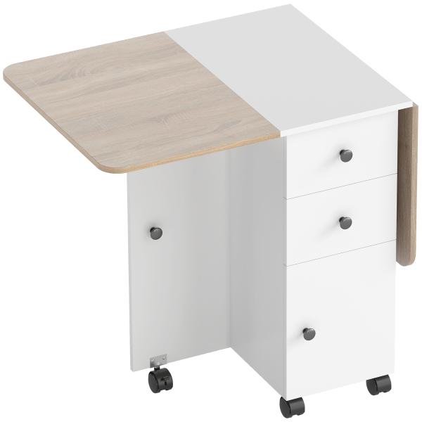 Mesa de Refeição com Rodas Mesa Abatível com 2 Gavetas e Armário Mesa Auxiliar Multifuncional 120x60x76,5 cm Branco