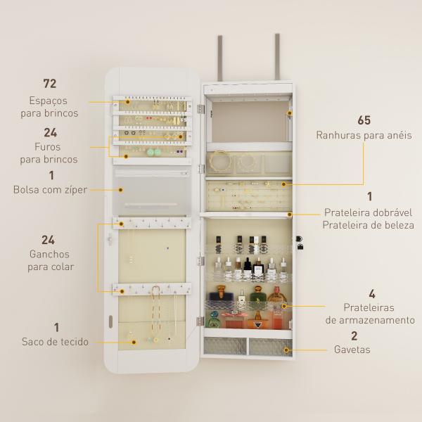 Espelho para Joias com Luz LED Montado na Parede ou na Porta com Fechadura Espelho de Corpo Inteiro 2 Gavetas Branco