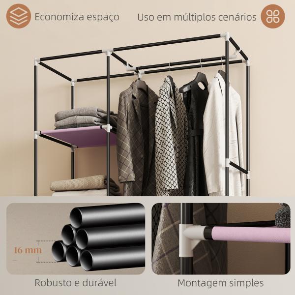 Roupeiro de Tecido Dobrável com 6 Prateleiras 1 Barra de Pendurar e Rodas para Dormitório Vestidor 103x43x162,5 cm Rosa