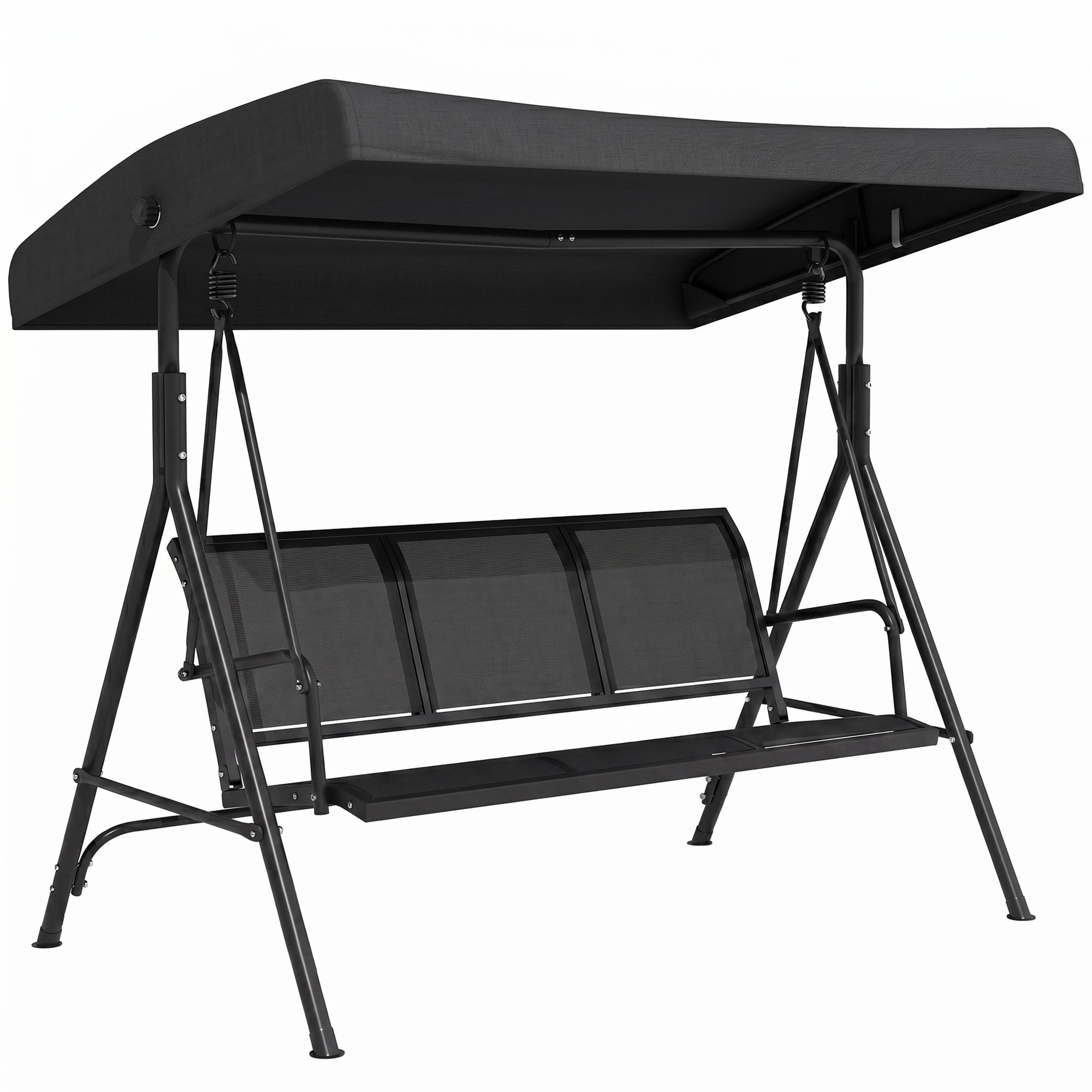 Baloiço de Jardim Exterior de 3 Lugares com Toldo Reclinável Assento Respirável e Estrutura de Aço 175x118x159 cm Preto