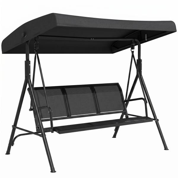 Baloiço de Jardim Exterior de 3 Lugares com Toldo Reclinável Assento Respirável e Estrutura de Aço 175x118x159 cm Preto