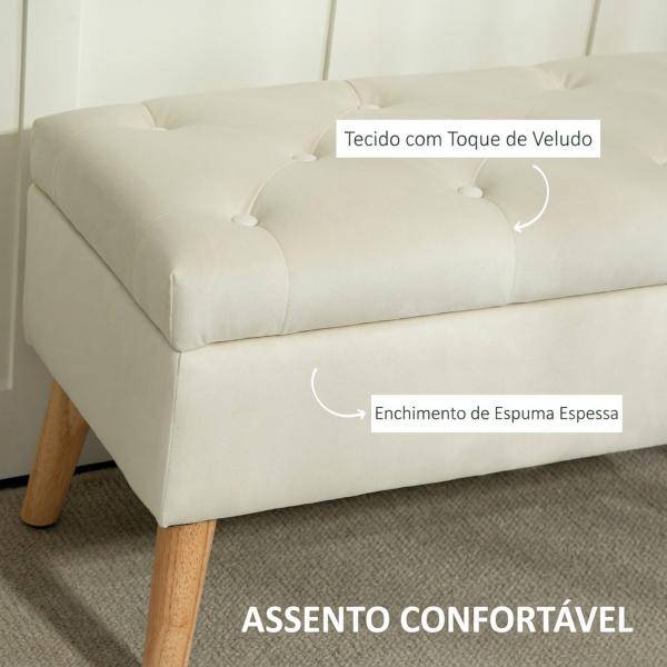Pufe de Arrumação em Veludo com Tampa e Pés de Madeira para Sala, Quarto ou Entrada, 80x35x42 cm, Creme