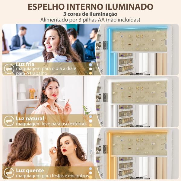 Espelho - Joalheiro com Luz LED Montado na Parede ou na Porta com Fechadura, Espelho de Corpo Inteiro Branco