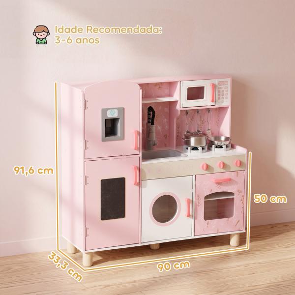 Cozinha de Madeira para Crianças com Sons Fogão Forno Micro - Ondas Máquina de Gelo e Acessórios 90x33,3x91,6 cm Rosa