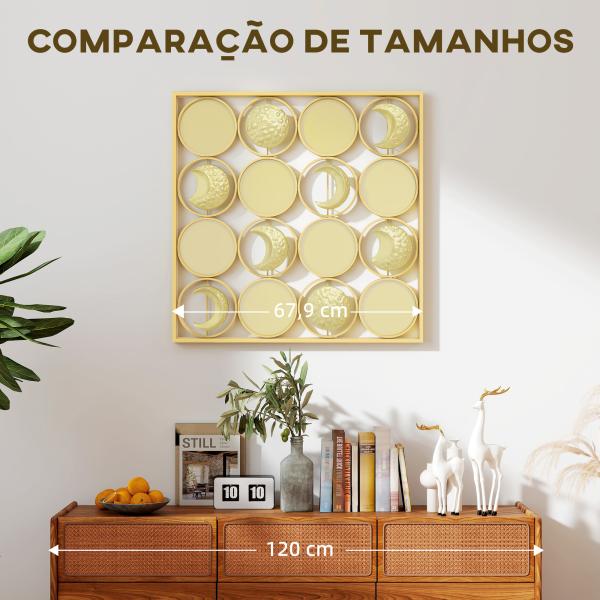 Decoração de Parede Metálica de Fases Lunares com 16 Discos para Sala Quarto Corredor 67,9x67,9 Dourado