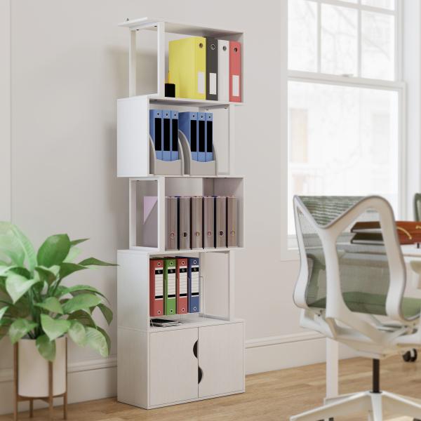 Estante de 5 Níveis em Forma de S Estante de Livros com 5 Prateleiras e 2 Portas 60x23,8x179,2 cm Branco