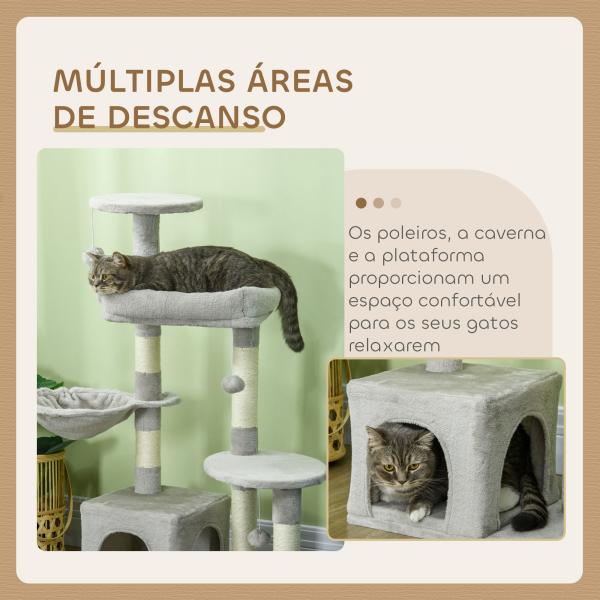 Arranhador para Gatos com Postes Arranhadores de Sisal Cova Plataformas e Bolas Suspensas 65x30x104 cm Cinzento Claro