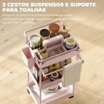 Carrinho Auxiliar com Rodas de 3 Níveis com Cestos Extraíveis Suporte para Toalhas e Estrutura de Metal 42x42,5x76 cm Rosa