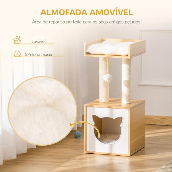 Árvore para Gatos de 2 Níveis com Caverna Superior Postes Arranhadores de Sisal Natural Almofadas Laváveis e Bola de Brinquedo 35x35x81cm Carvalho