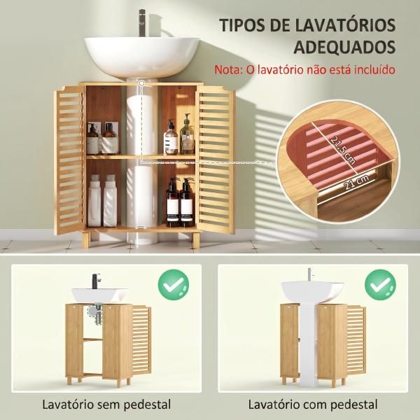 Móvel para Lavatório Pousar de Bambu com Prateleira Ajustável para Lavatórios com ou sem Pedestal 60x30x80 cm Madeira
