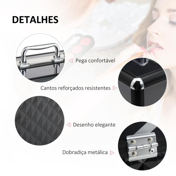 Estojo de Maquilhagem Organizador de Cosméticos Portátil com Múltiplos Níveis Alça e Bandejas 30x18,5x22 cm Preto e Transparente