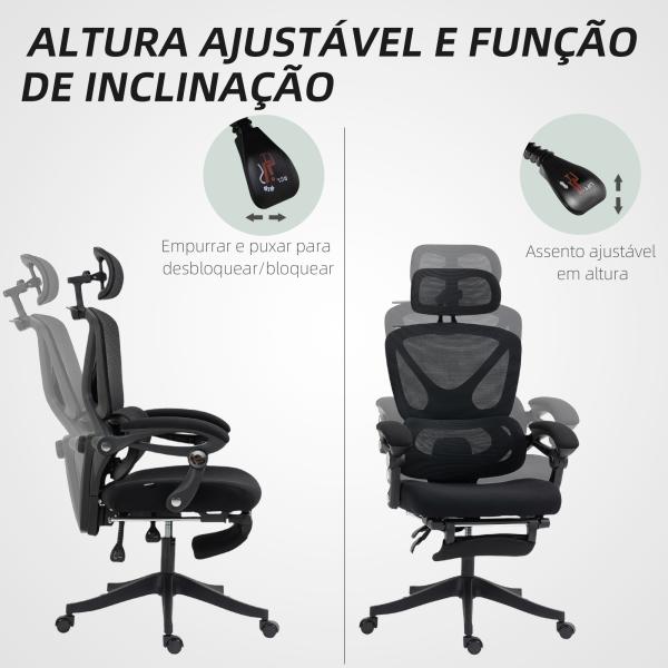 Cadeira de Escritório de Malha com Apoio para a Cabeça Suporte Lombar Apoio para os Pés Função de Inclinação 71x70x109 - 119 cm Preto