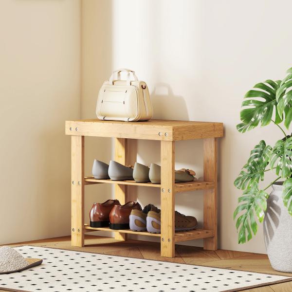 Banco Sapateira de Bambu Organizador de Sapatos com 2 Prateleiras para 4 Pares de Sapatos 50x28x45 cm Madeira
