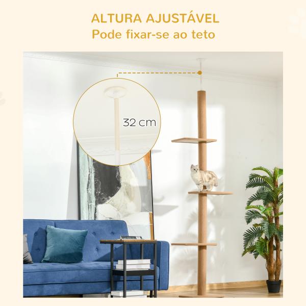 Arranhador para Gatos de Chão ao Teto Ajustável com 4 Plataformas e Poste 43x27x228 - 260 cm Castanho Claro