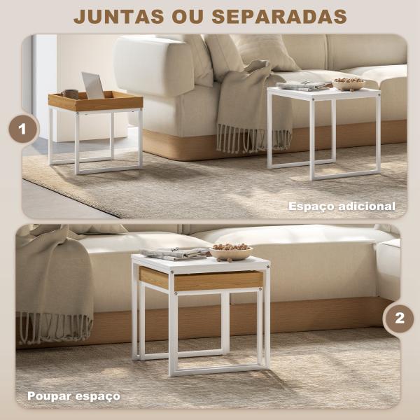 Mesas Auxiliares para Sala de Estar Conjunto de 2 Mesas Mesas de Centro Pequenas Branco e Carvalho
