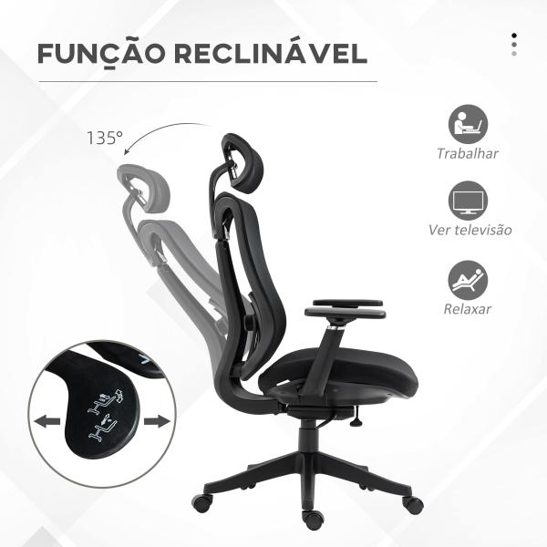 Cadeira de Escritório de Malha Reclinável com Apoio para a Cabeça Ajustável e Suporte Lombar 70x66x120 - 128 cm Preto