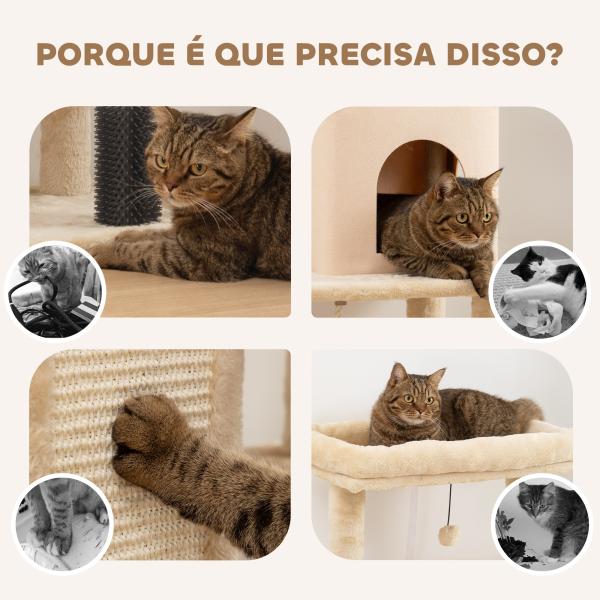 Arranhador para Gatos Grande Altura 132 cm com Plataformas Postes com Escova Bolas Suspensas e Almofadas para Arranhar Bege