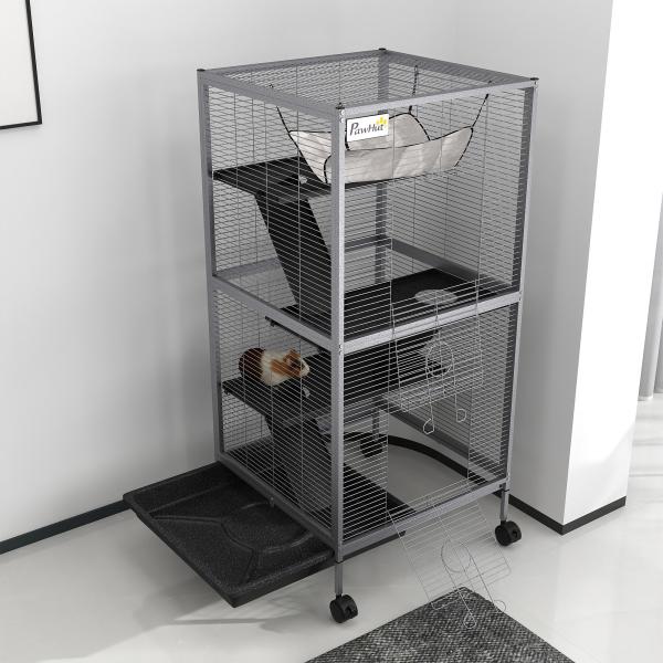 Gaiola para Roedores 52x52x113,5cm Gaiola para Furões com Rodas 2 Portas 3 Rampas Rede Suspensa e Bandeja Removível para Cobias Hamsters Cinza Prata