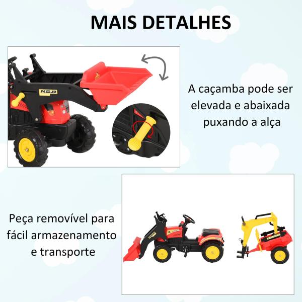 Trator de pedais para crianças acima de 3 anos com reboque e pá frontal 179x42x59 cm Vermelho
