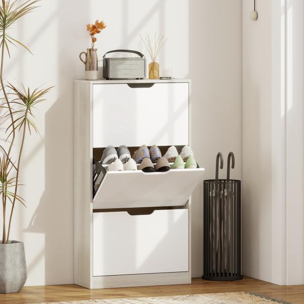 Sapateira de Madeira com 3 Compartimentos Abatíveis com Capacidade para 12 Pares 62,5x26x117,5 cm Branco e Madeira
