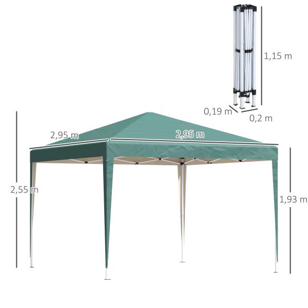 Tenda Dobrável 295x295x255 cm com Bolsa de Transporte Altura Ajustável Anti - UV para Terraço Pátio Verde