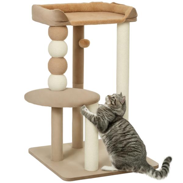 Arranhador para Gatos Arranhador para Gatos com Estofado em Borrego Plataformas Bola Suspensa e Poste de Juta 56x54x86 cm Marrom