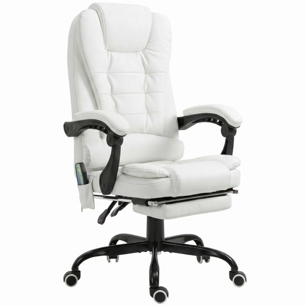 Cadeira de Escritório com 7 Pontos de Massagem com Apoio para os Pés Retrátil, Altura Ajustável, Comando Remoto e Tecido PU Branco