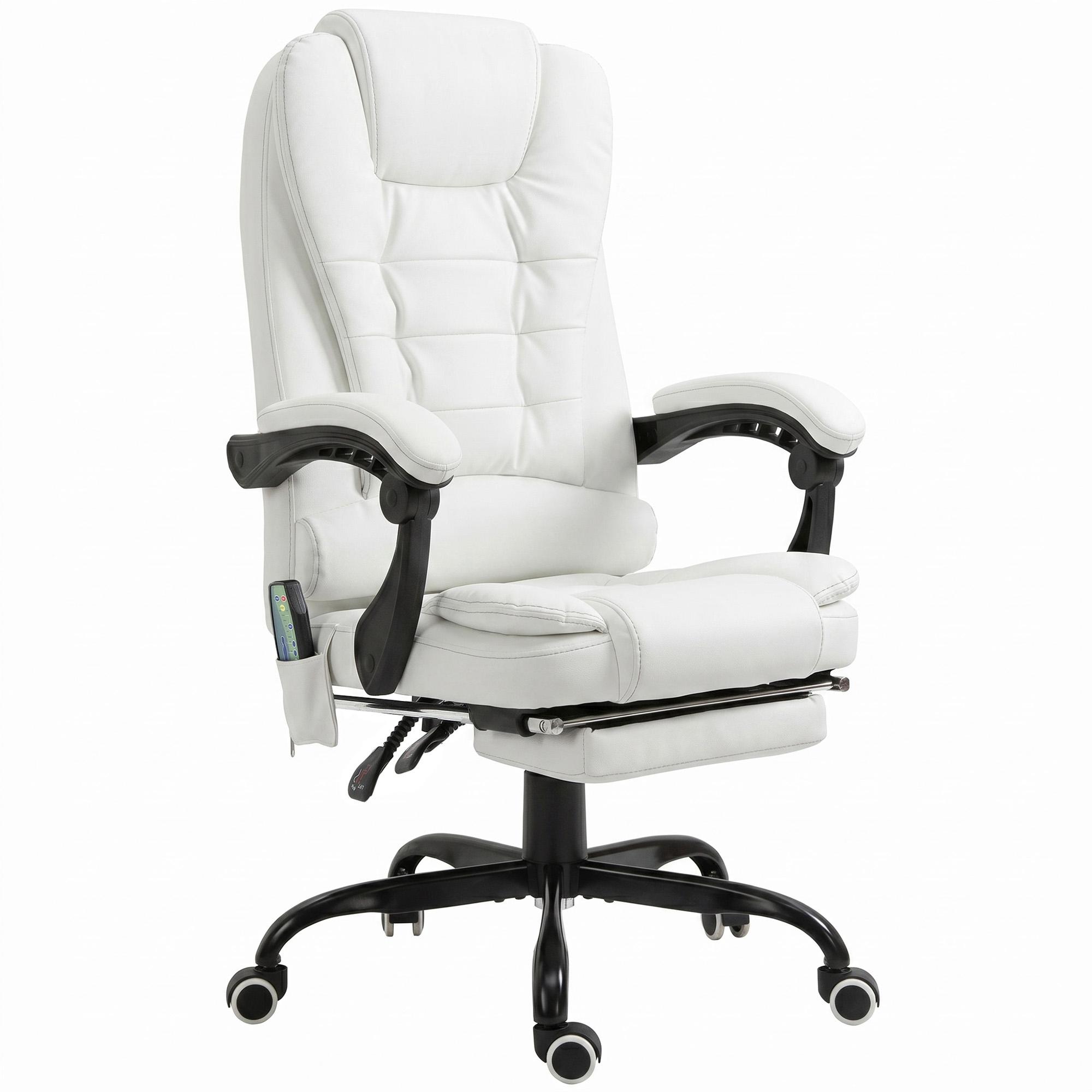 Cadeira de Escritório com 7 Pontos de Massagem com Apoio para os Pés Retrátil, Altura Ajustável, Comando Remoto e Tecido PU Branco