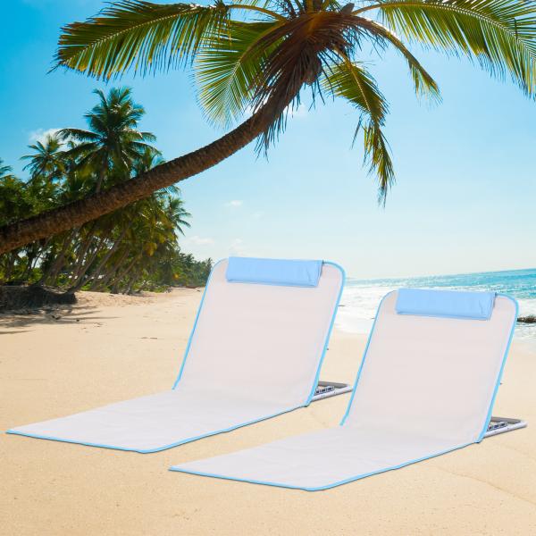 Conjunto de 2 Esteiras de Praia com Encosto Reclinável em 5 Níveis Bolsa de Transporte e Apoio de Cabeça 48x134x33 - 43 cm Branco Creme