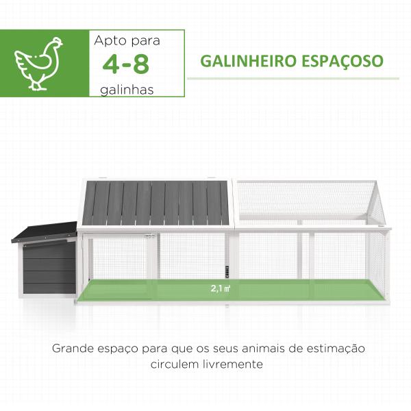 Galinheiro de Madeira para 4 - 8 Galinhas com Teto Abatível Portas com Fechadura e Caixa Ninho 240x112,5x76 cm Branco