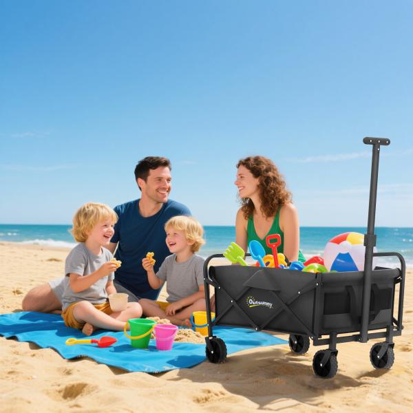 Carrinho de Transporte com Rodas Carrinho de Jardim Dobrável com Pega Telescópica Ajustável 2 Bolsas de Arrumação 64x42x27 cm Preto
