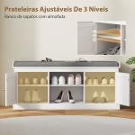 Banco Sapateira com Assento Acolchoado Portas em Vime e Prateleira Aberta para 9 Pares de Sapatos 105x35x47 cm Branco