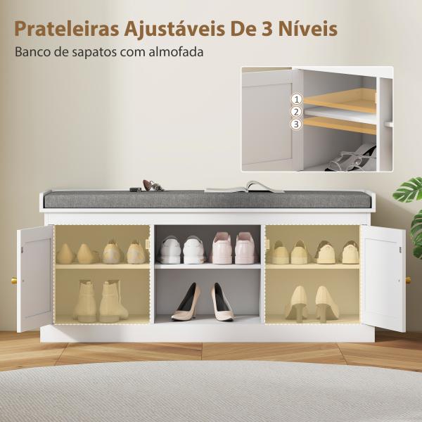 Banco Sapateira com Assento Acolchoado Portas em Vime e Prateleira Aberta para 9 Pares de Sapatos 105x35x47 cm Branco