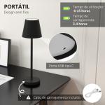Candeeiro de Mesa com Luzes LED Candeeiro de Mesa Sem Fios Recarregável por USB - C 3 Cores Ø11,2x36,5 cm Preto