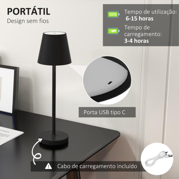 Candeeiro de Mesa com Luzes LED Candeeiro de Mesa Sem Fios Recarregável por USB - C 3 Cores Ø11,2x36,5 cm Preto