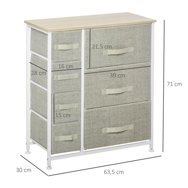 Cómoda com 7 Gavetas de Tecido Cómoda de Armazenamento Multifuncional para Dormitório Sala de Estar Corredor 63,5x30x71cm Cinza