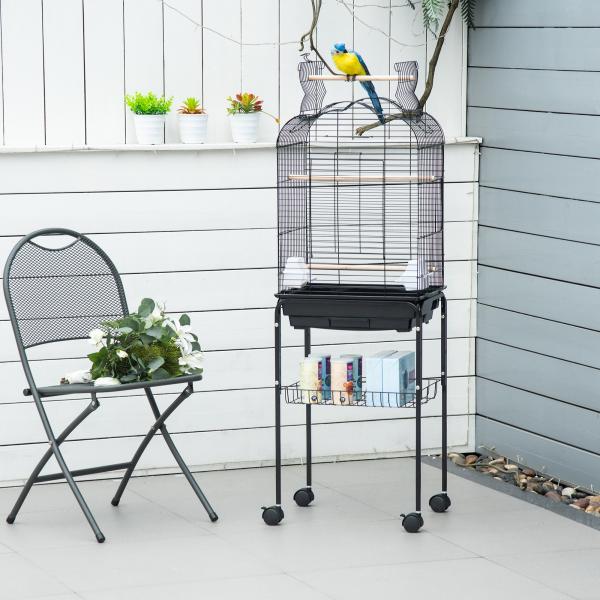 Gaiola para Passáros com Suporte Gaiola com 4 Rodas Teto com Abertura 2 Comedouros 3 Poleiros Bandeja Removível e Prateleira Inferior 46x36x130 cm Preto