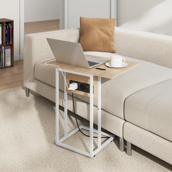 Mesa Auxiliar com Estação de Carga com Tampo Dobrável e Pés Ajustáveis 39x29x57 cm Branco e Madeira