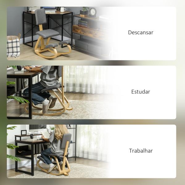 Cadeira Ergonómica de Joelhos com Encosto Almofadas Acolchoadas Estrutura de Madeira para Melhor Postura 51x84x93 cm Cinzento