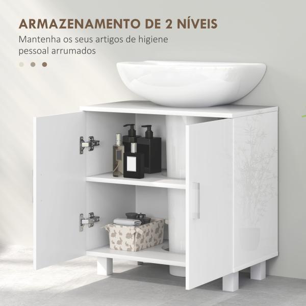 Móvel para Lavatório Pousar com 2 Portas de MDF 2 Prateleiras e Sistema Anti - Tombo para Casa de Banho 60x35x60 cm Branco