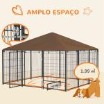 Parque para Cães com Toldo Canil para Exterior com Suporte Giratório para Comida 2 Tigelas 211x211x151 cm Preto Marrom