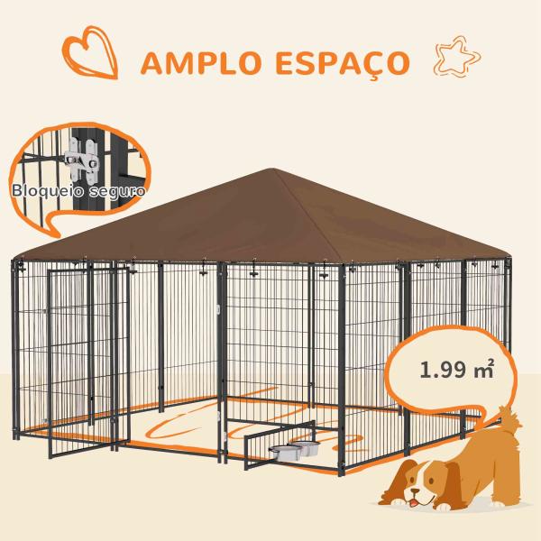 Parque para Cães com Toldo Canil para Exterior com Suporte Giratório para Comida 2 Tigelas 211x211x151 cm Preto Marrom