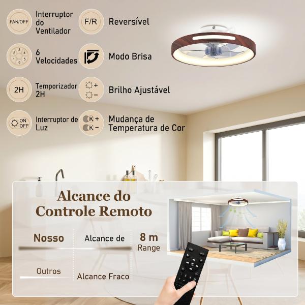 Ventilador de Teto com Luz LED 40 W Motor DC Reversível Comando à Distância 6 Velocidades 3 Cores Temporizador Teca
